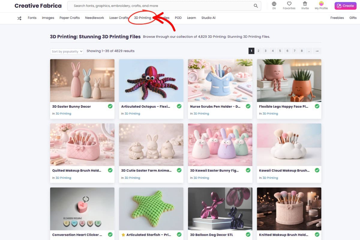 Screenshot of Creative Fabrica website showing 3D printing STL file designs