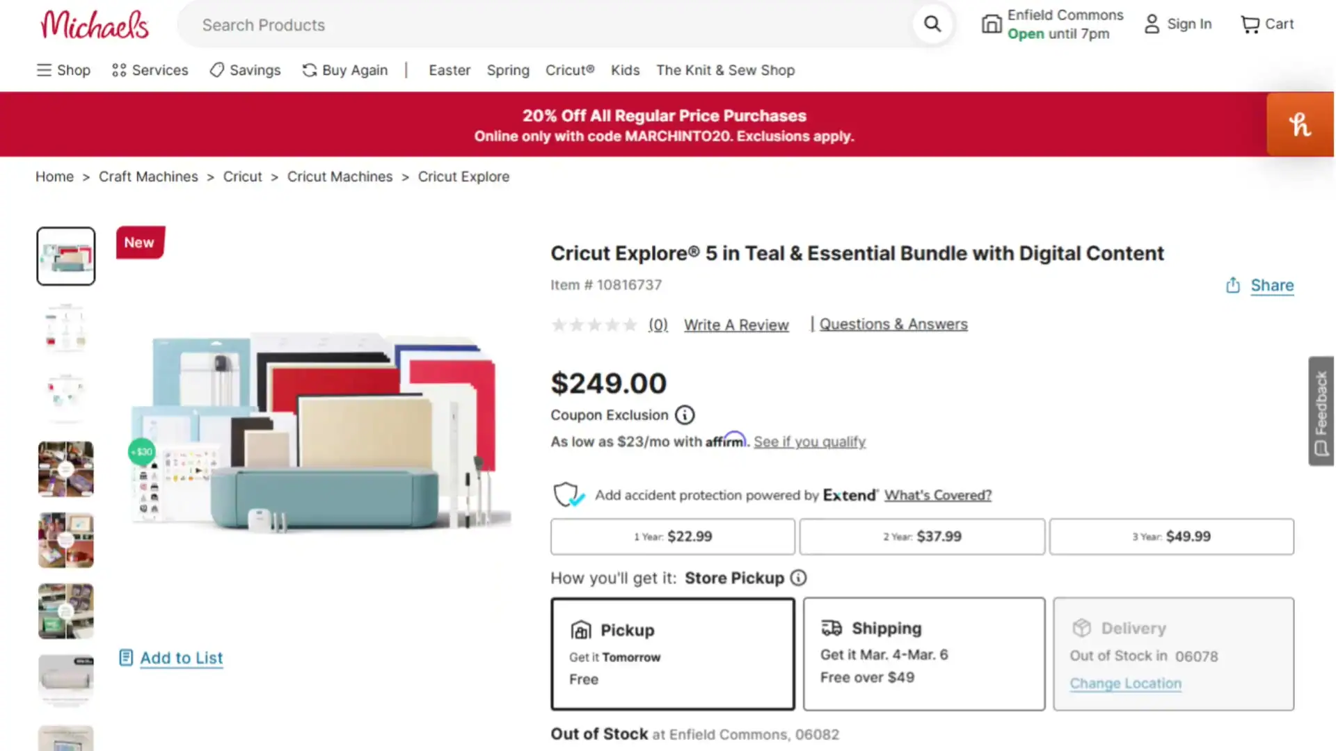 Michaels product page for the Cricut Explore 5 in Teal Essential Bundle priced at $249, showing the machine with included vinyl sheets, tools, and accessories.