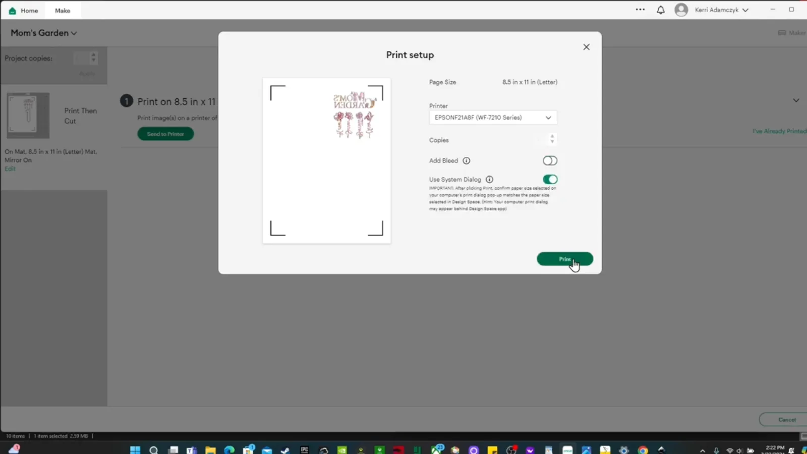 Cricut print setup dialog with add bleed off and use system dialog on