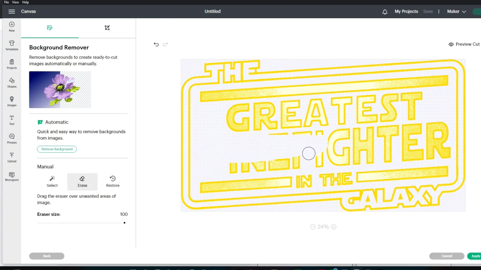 Cricut Design Space Background Remover with the Erase tool selected, removing the word firefighter from a yellow Star Wars style design