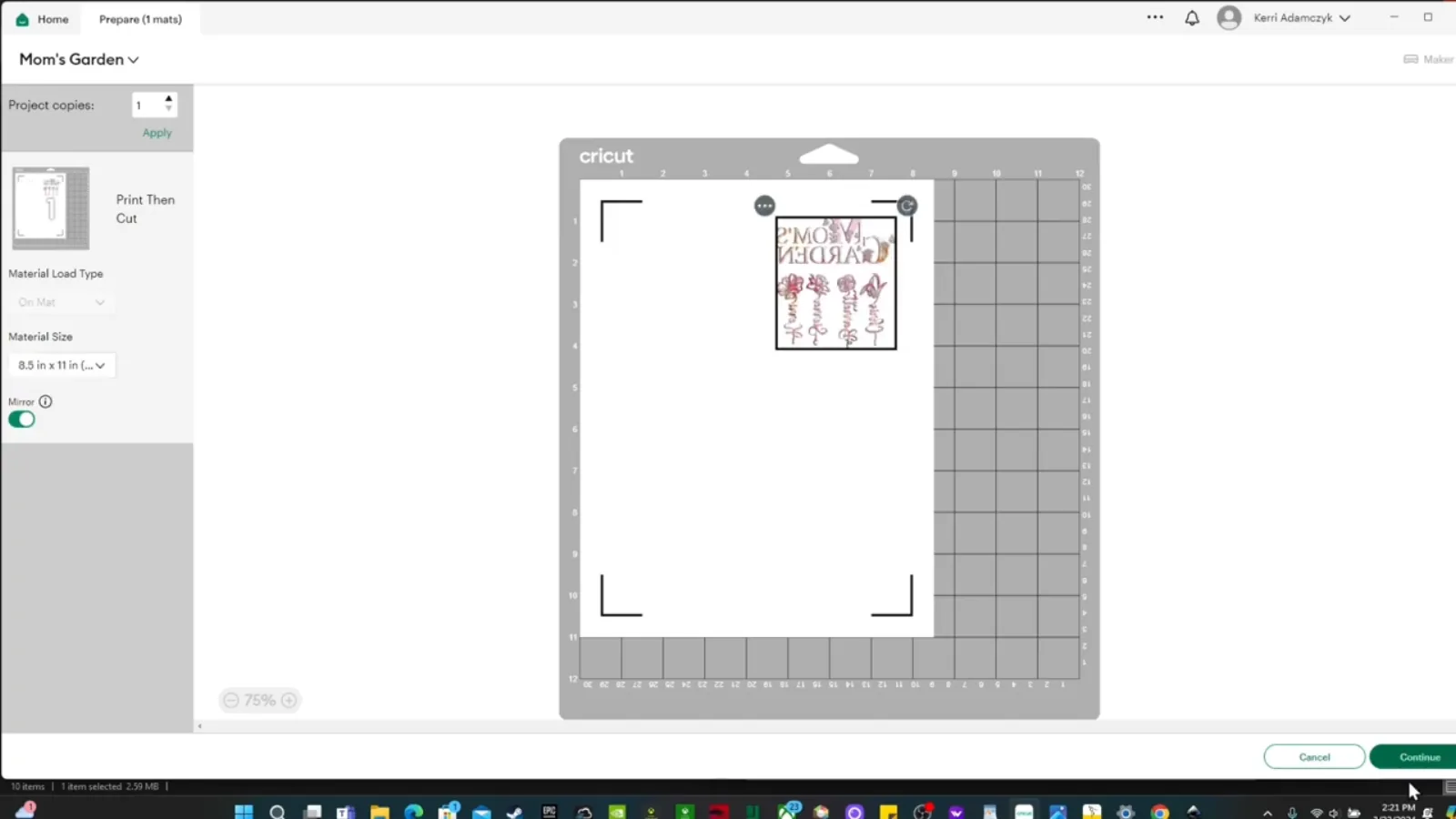 Cricut Design Space prepare screen with the mirror toggle switched on for a sublimation mug