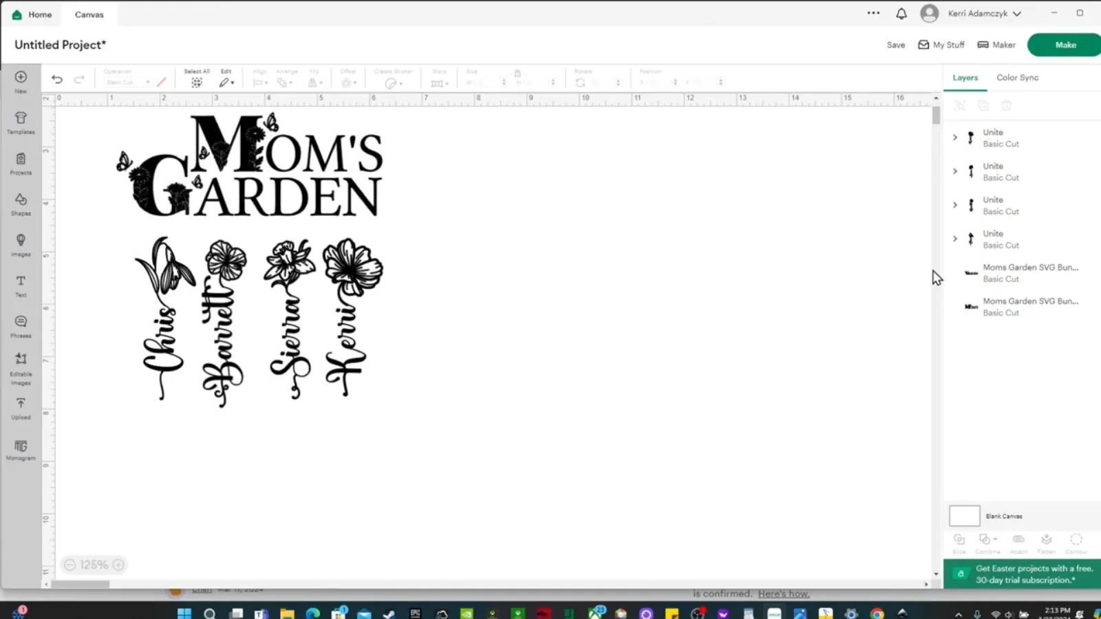 Mug design laid out on the Cricut Design Space canvas before slicing