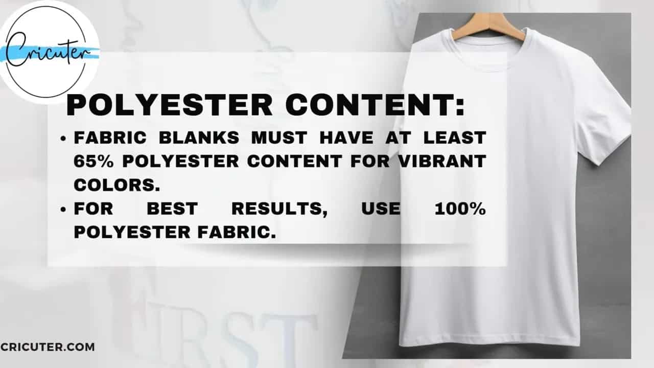 Slide showing polyester content guidelines for sublimation beside a white t-shirt