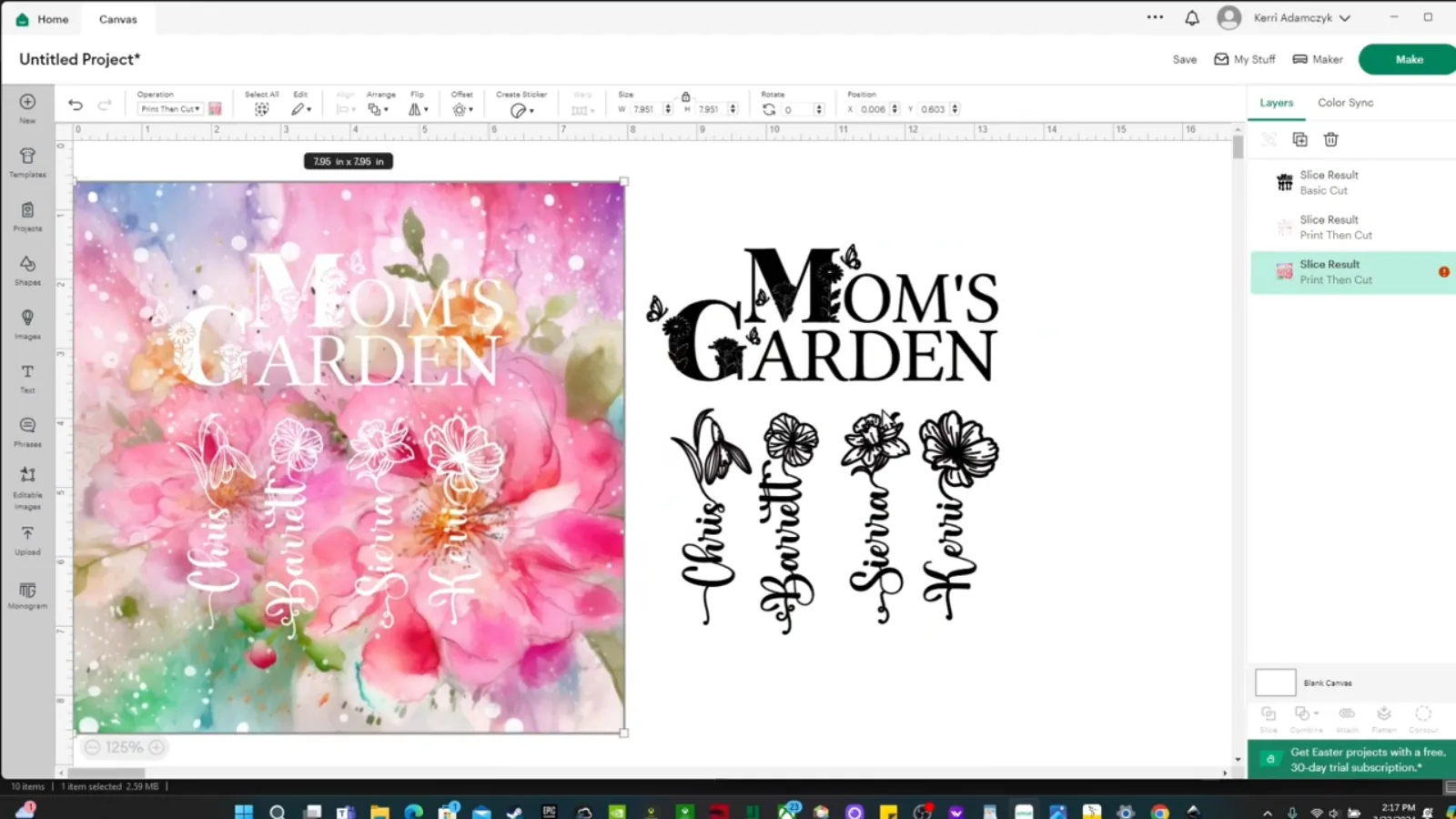 Slicing a floral patterned background into mug lettering in Cricut Design Space