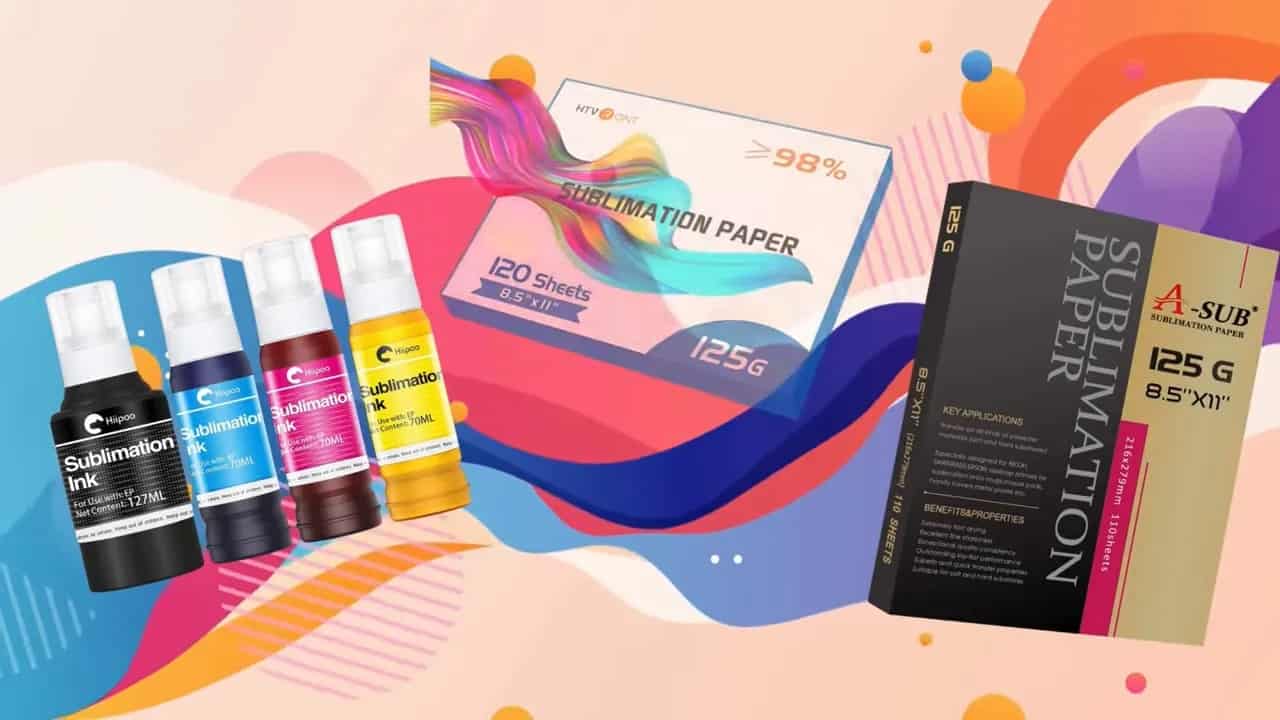 Sublimation ink bottles and sublimation paper package on a colorful background