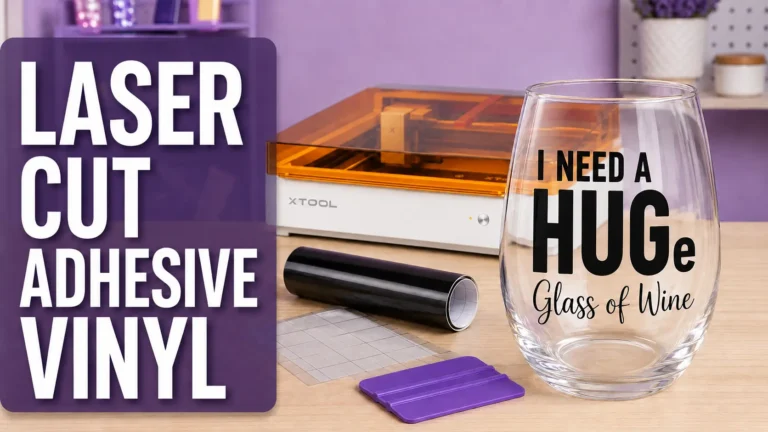 Stemless wine glass with a black I Need a Huge Glass of Wine vinyl decal beside the xTool M2 and a roll of black vinyl