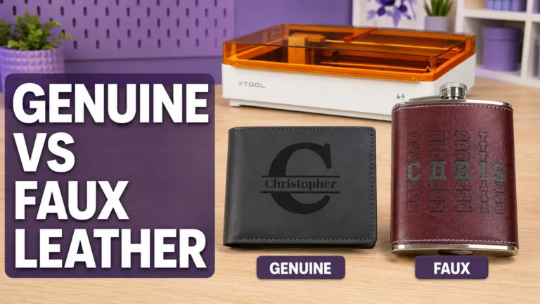 Engraved genuine leather wallet labeled genuine beside a faux-leather flask labeled faux, next to the xTool M2