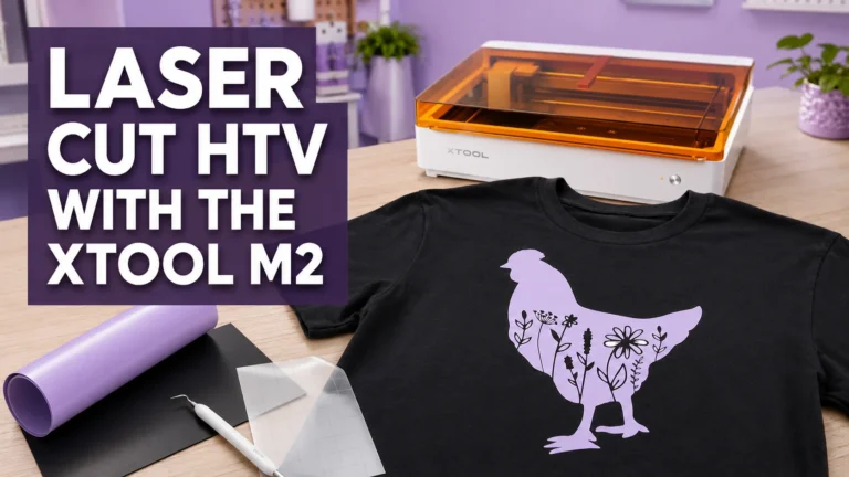 Black t-shirt with a purple floral chicken heat transfer vinyl design next to the xTool M2, with a roll of purple HTV and weeding tools