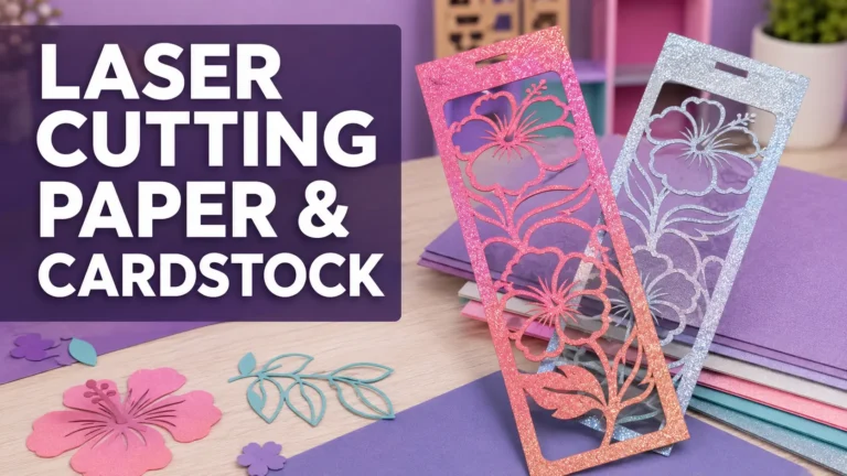 Two laser cut glitter cardstock bookmarks standing in front of the xTool M2 with paper flowers