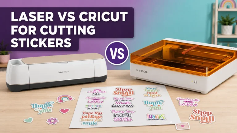 A Cricut Maker and the xTool M2 side by side with a sheet of small business stickers