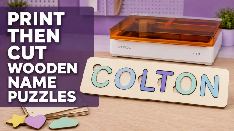 Full-color wooden name puzzle spelling COLTON in pastel letters next to the xTool M2