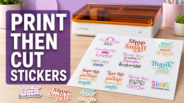 Print then cut sheet of colorful small business stickers next to the xTool M2