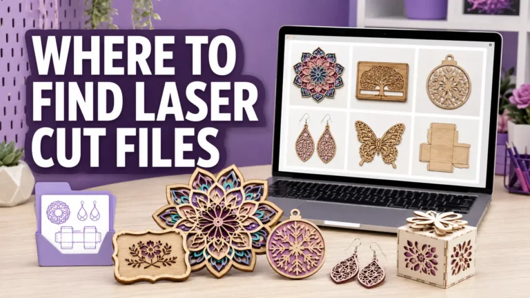 Laptop showing laser cut file designs beside finished laser cut wood projects, next to the xTool M2