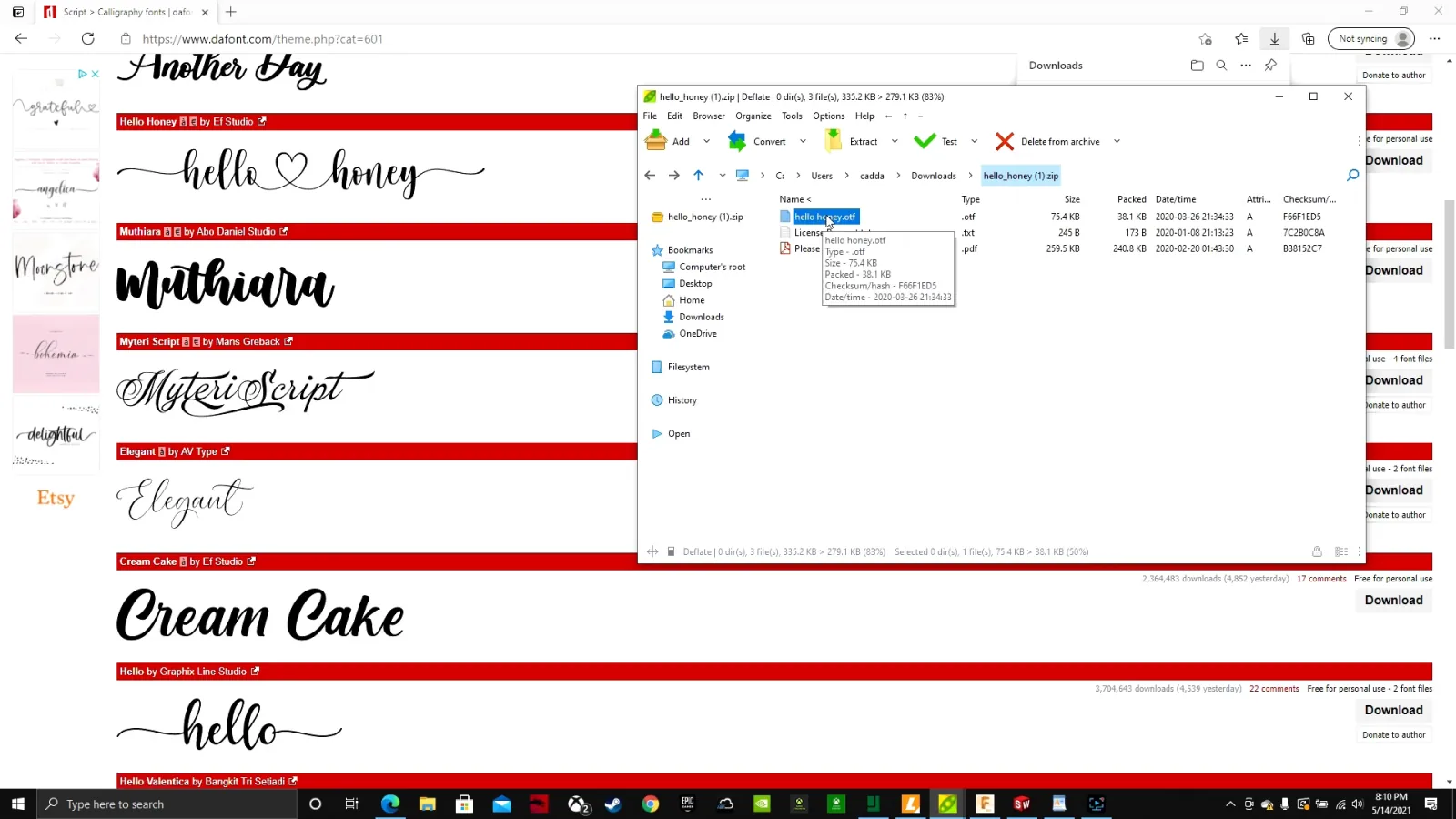 Font ZIP file opened showing the OTF font file and the license text file