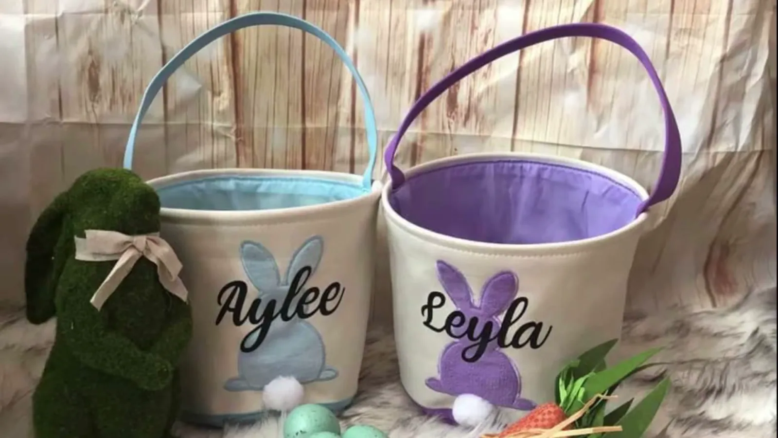 Canvas Easter basket personalized with a child's name in the Baby Giovani Script Cricut font on flocked vinyl