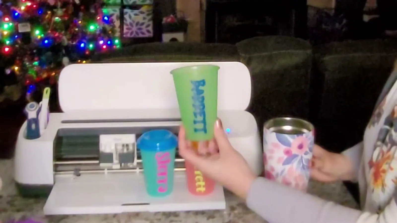 Personalized color changing cups with kids names cut in thick bold Cricut fonts