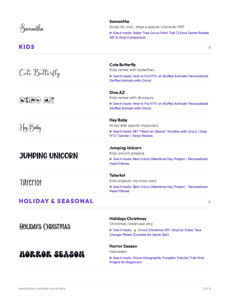 Preview page of Kerri's printable Cricut font list, with each font name set in its own font