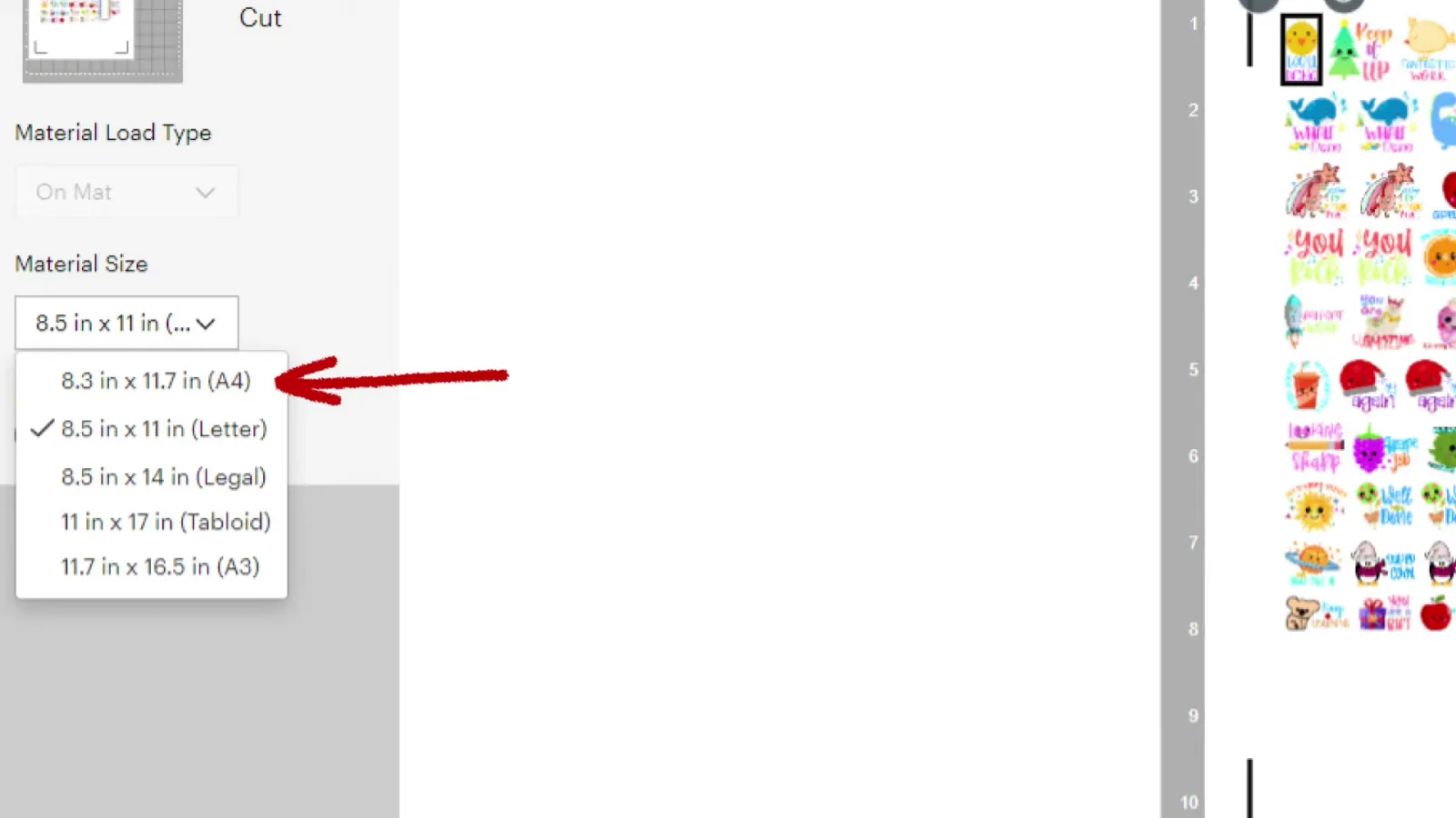 Cricut Design Space material size dropdown showing the 8.3 by 11.7 inch A4 option that gives more printable area
