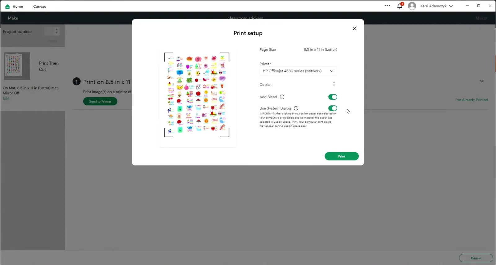 Cricut Design Space print setup dialog with Add Bleed and Use System Dialog turned on before printing stickers