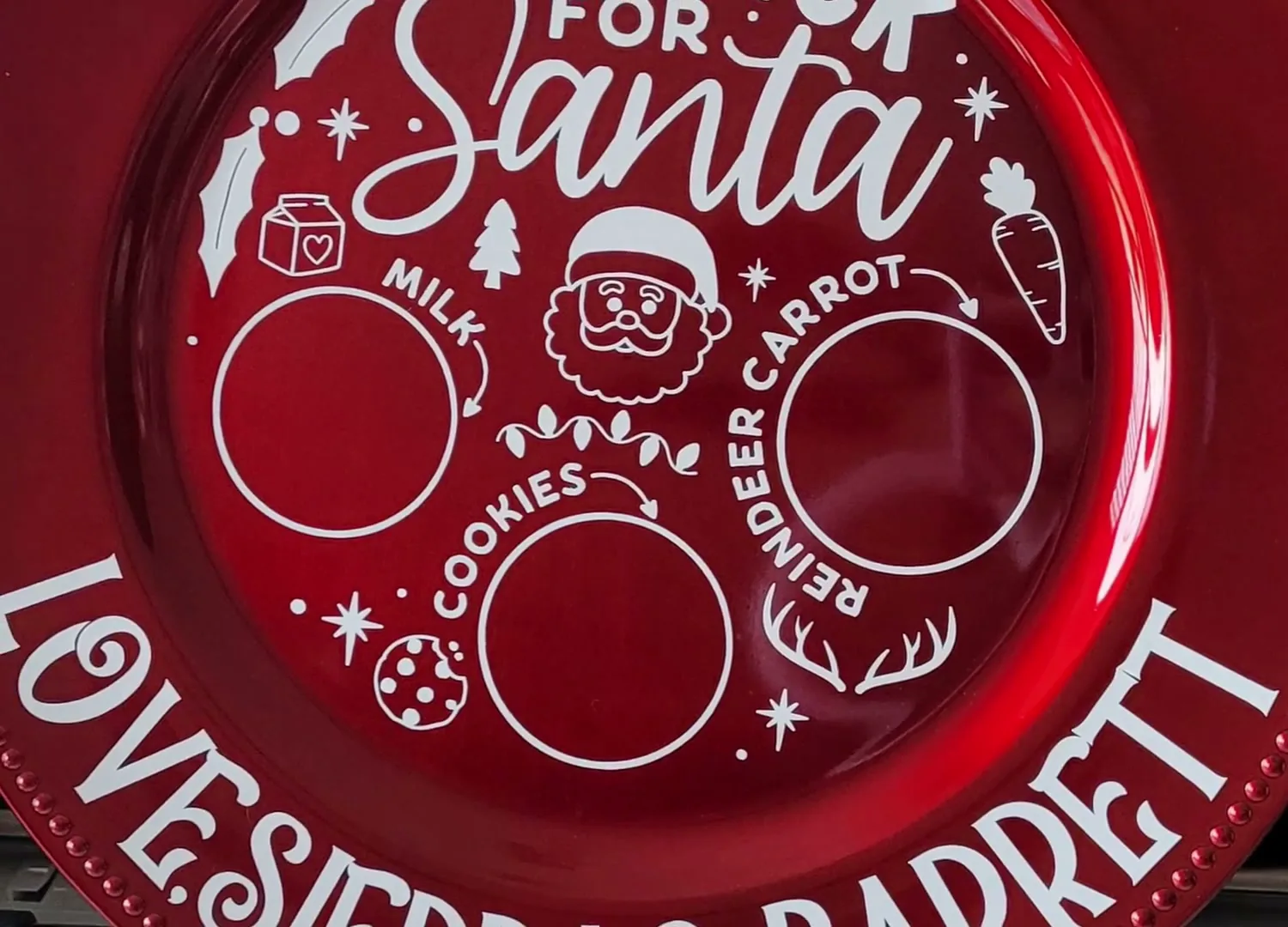 Close up of a red Santa snack plate with kids names cut in the Holidays Christmas Cricut font