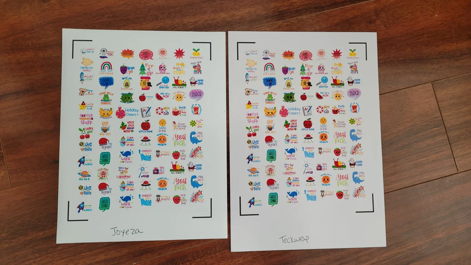 Joyeza and TeckWrap printable sticker paper sheets printed with the same design and labeled by hand to compare print quality