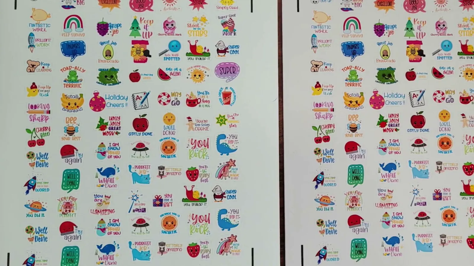 Two printed sticker sheets side by side comparing print quality between sticker paper brands