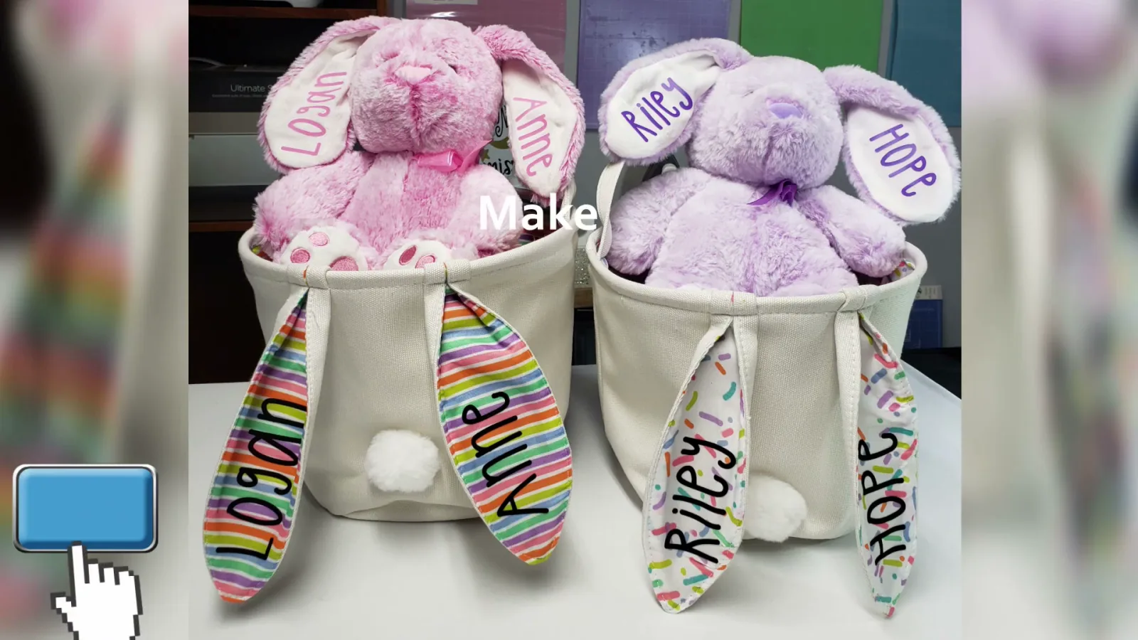 Personalized plush Easter bunnies with kids names on the ears in the Tatertot Cricut font