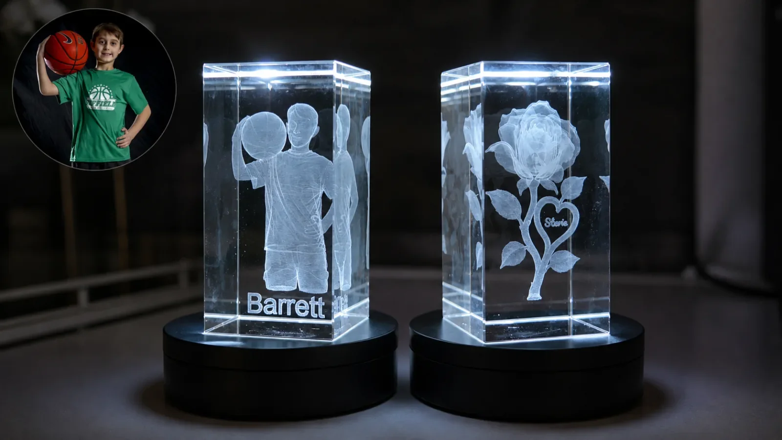 Two finished 3D crystal engravings made with the WeCreat Lumos Ultra, one holding a boy's portrait and one a memorial rose, both lit on turntables