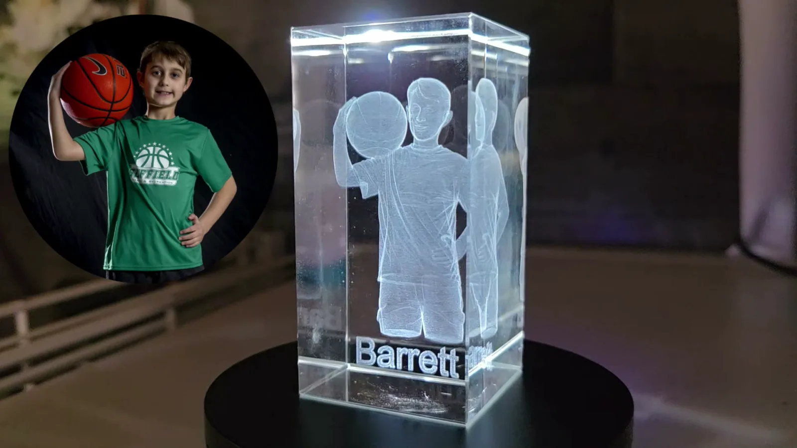 3D portrait of a boy holding a basketball engraved inside a solid crystal block with the WeCreat Lumos Ultra UV laser, shown beside the original photo