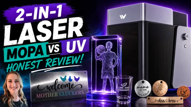 WeCreat Lumos Ultra 2 in 1 laser engraver with a 3D crystal portrait, full color stainless steel sign, engraved shot glass and personalized metal jewelry made during testing