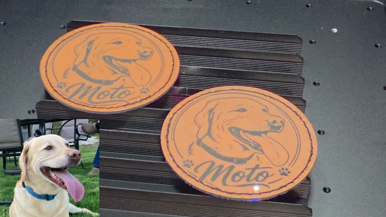 Two leather memorial patches engraved with a Labrador portrait using the WeCreat Lumos Ultra UV laser, with a photo of the dog for comparison