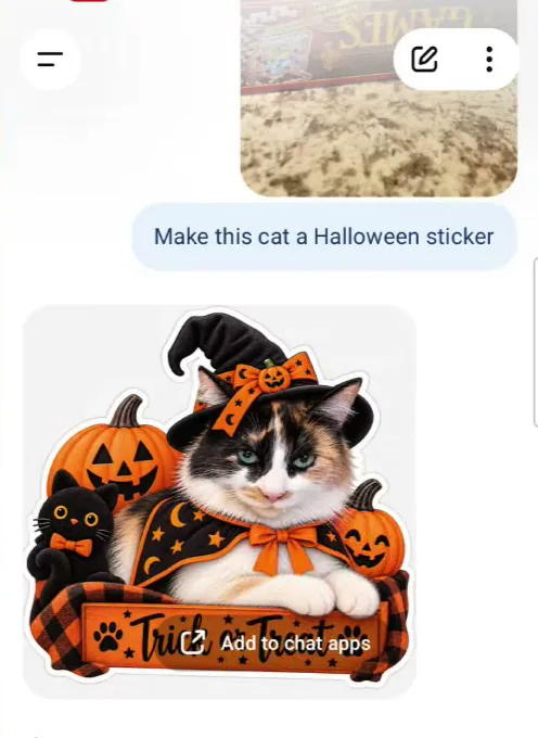 ChatGPT result for the prompt Make this cat a Halloween sticker, a calico cat with pumpkins and a Trick or Treat sign