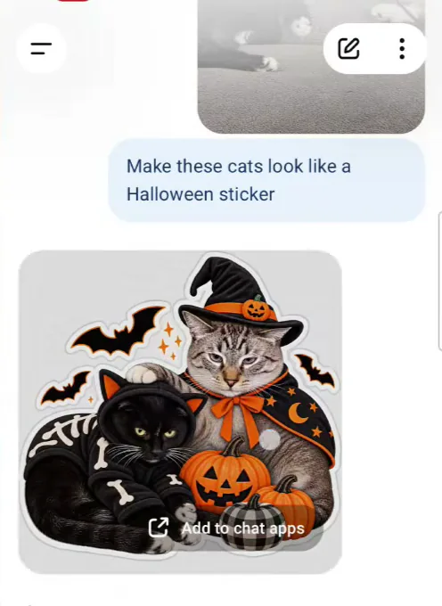 ChatGPT turning a photo of two cats into a Halloween sticker design with a witch hat, bats and pumpkins