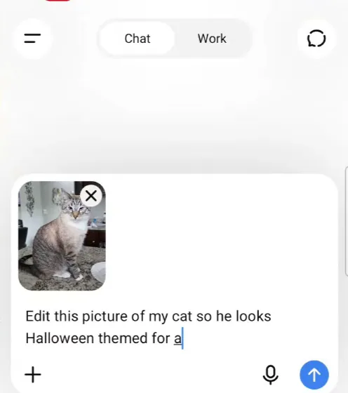 ChatGPT on a phone with a cat photo attached and the prompt Edit this picture of my cat so he looks Halloween themed for a sticker