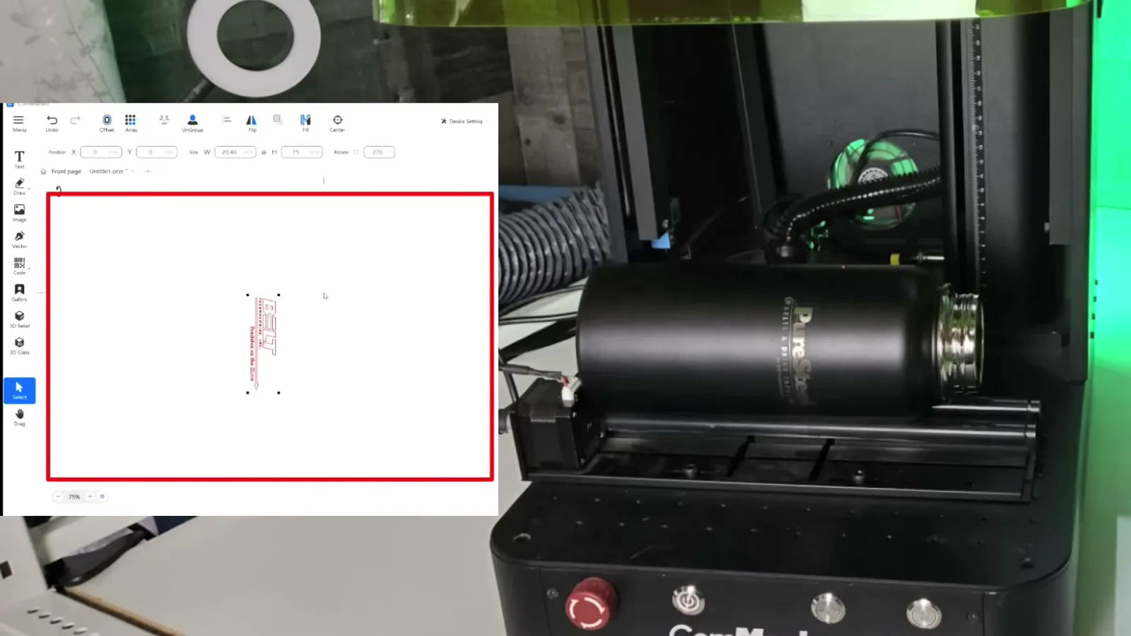 ComMarker Studio canvas rotated 270 degrees beside the tumbler in the rotary, showing the software matches the machine