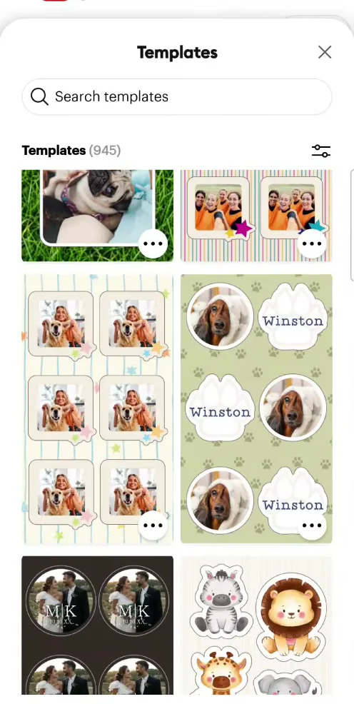 Cricut Design Space photo sticker templates on a phone, including pet photo sticker sheets with a dog named Winston