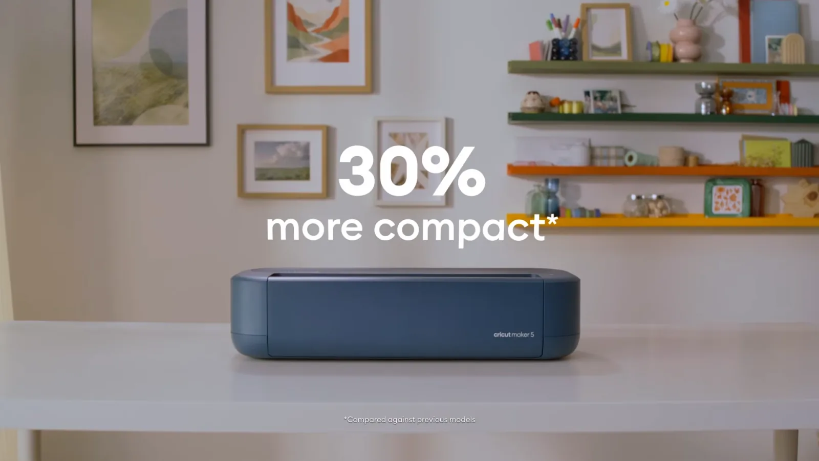 Cricut Maker 5 in Slate Blue on a desk with text reading 30 percent more compact compared against previous models