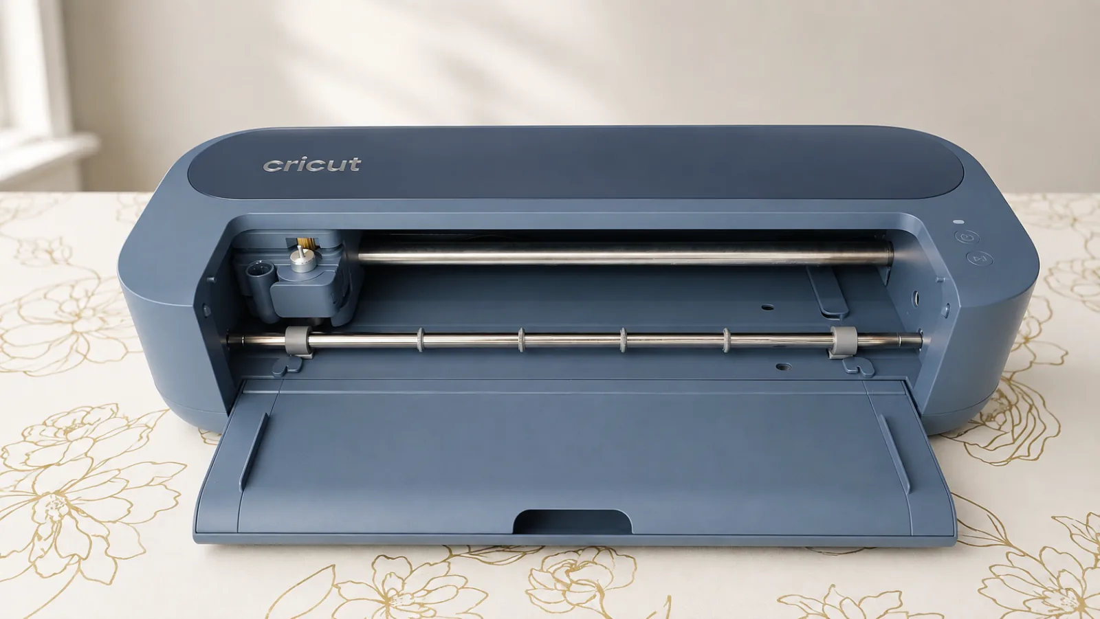 Cricut Maker 5 in Slate Blue with the front tray open, showing the tool carriage and roller bar