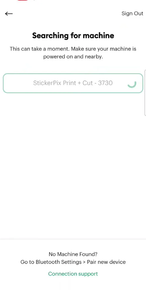 Design Space searching for machine screen showing the StickerPix Print + Cut found over Bluetooth