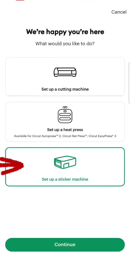 Cricut Design Space machine setup screen with Set up a sticker machine selected