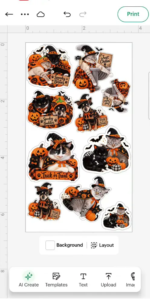 Full 4x7 inch sheet of Halloween pet stickers laid out in Cricut Design Space for the StickerPix Print + Cut