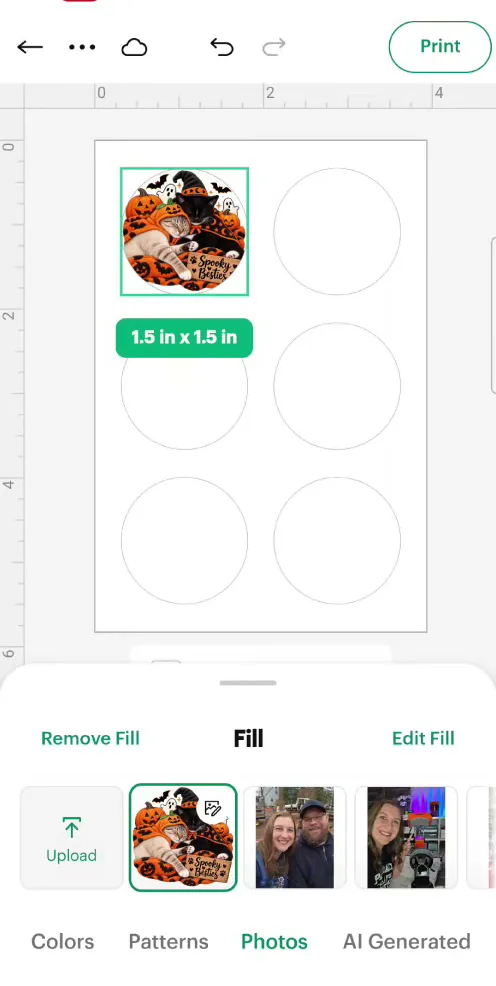 Filling a 1.5 inch pre-cut circle sticker with a photo in Cricut Design Space for the StickerPix Print