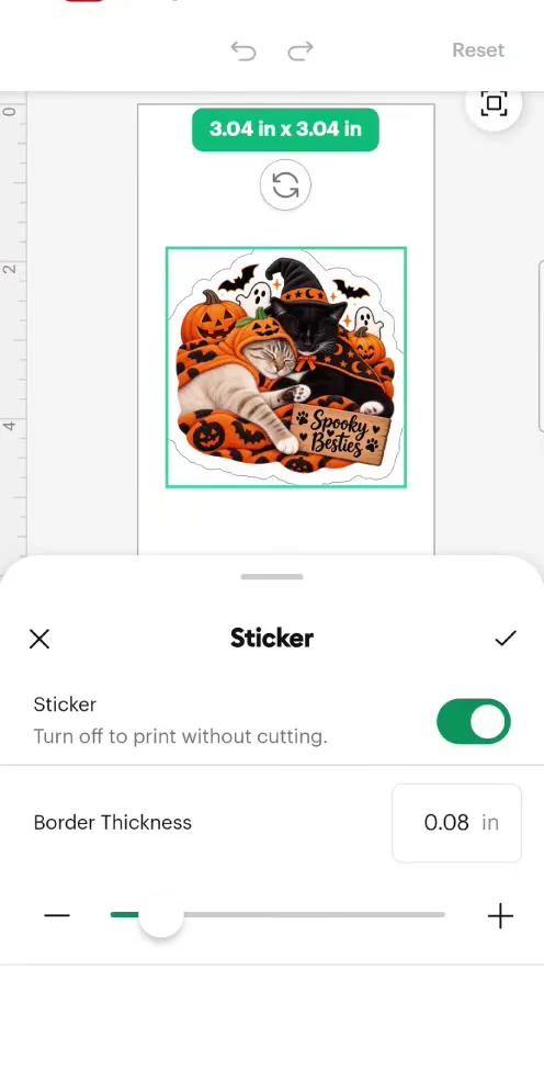 Cricut Design Space Sticker panel with the Border Thickness slider for a StickerPix sticker
