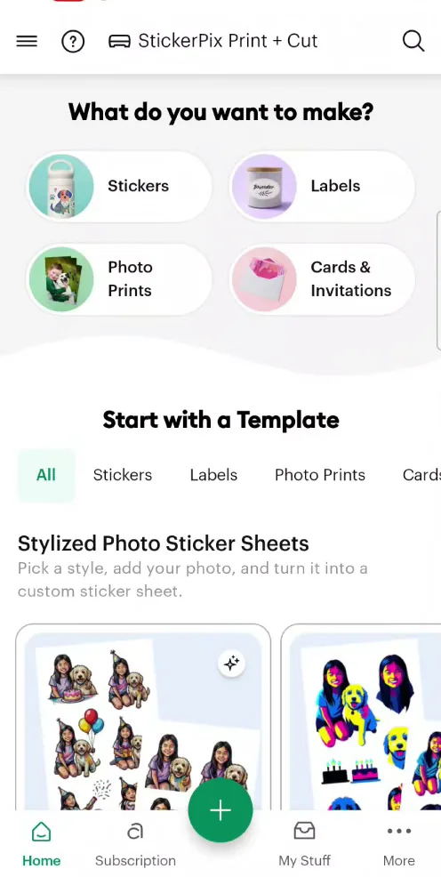 Cricut Design Space StickerPix home screen with Stickers, Labels, Photo Prints and Cards options