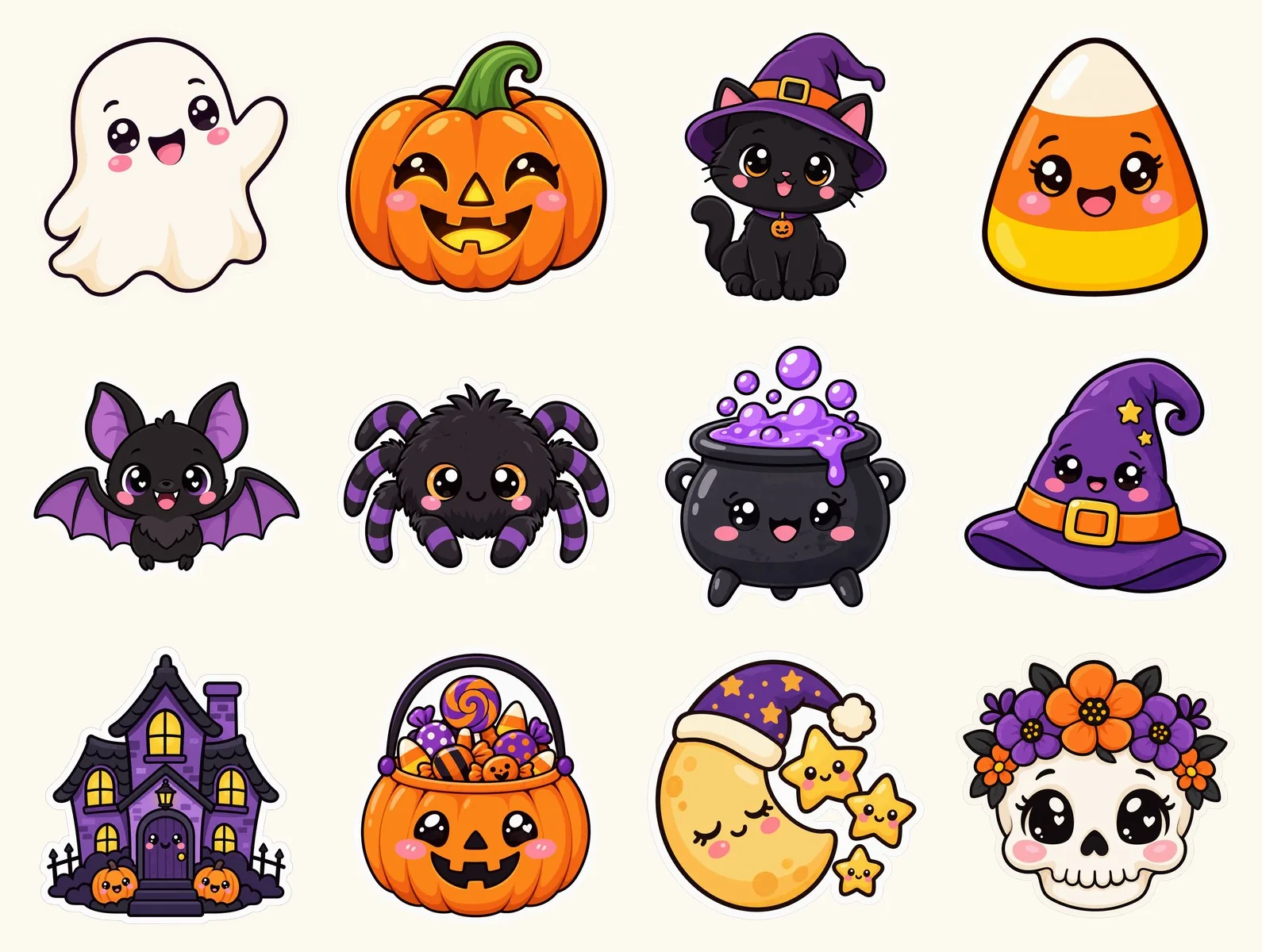 Twelve free printable cute Halloween stickers: ghost, jack-o-lantern, witch cat, candy corn, bat, spider, cauldron, witch hat, haunted house, candy bucket, moon and flower skull