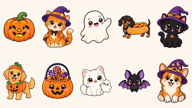 Free printable Halloween stickers including a jack-o-lantern, a witch cat, a ghost, a hot dog dachshund and a witch corgi