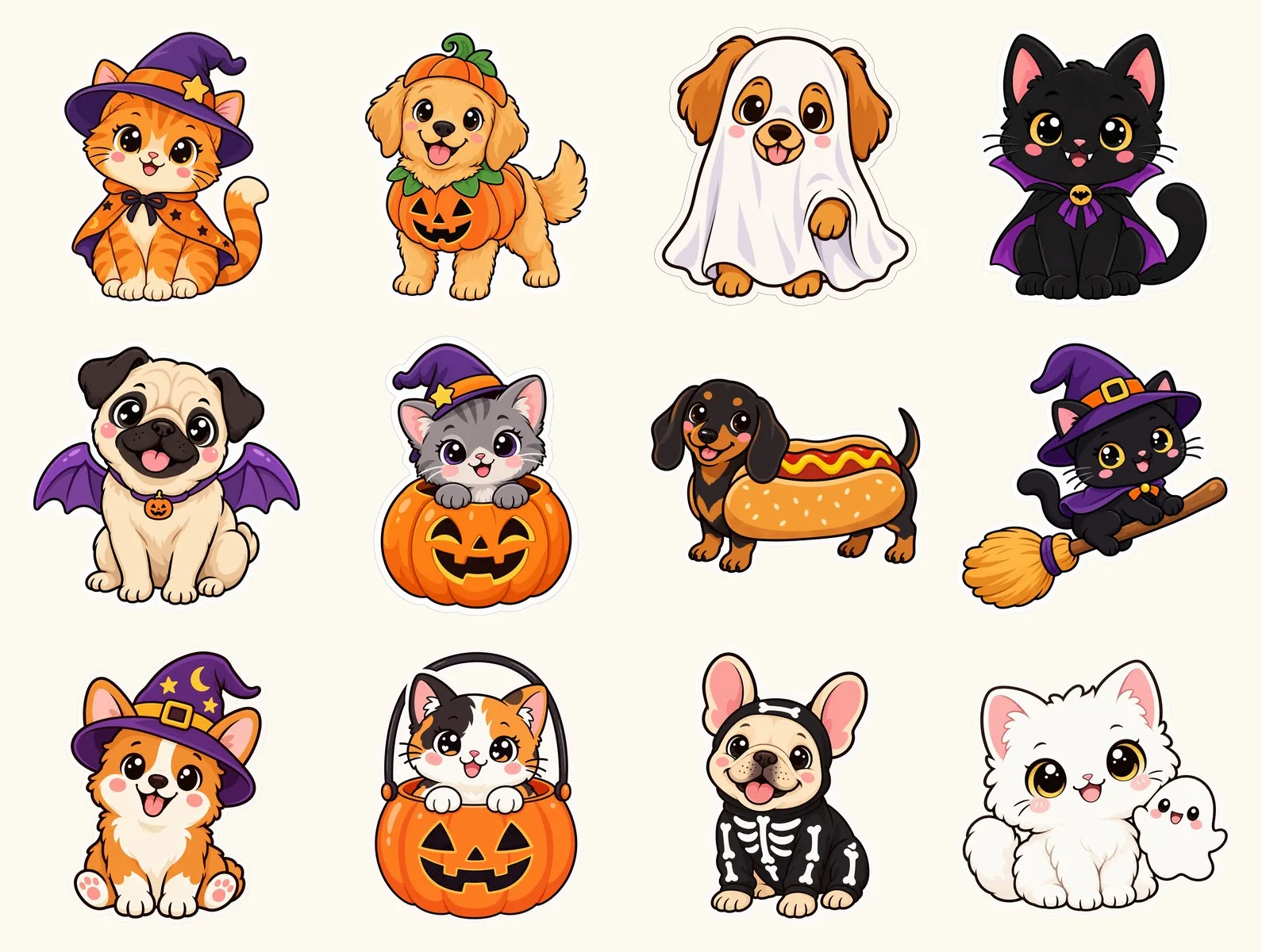 Twelve free printable Halloween pet stickers: cats and dogs in witch hats, pumpkin, ghost, vampire, bat, hot dog and skeleton costumes