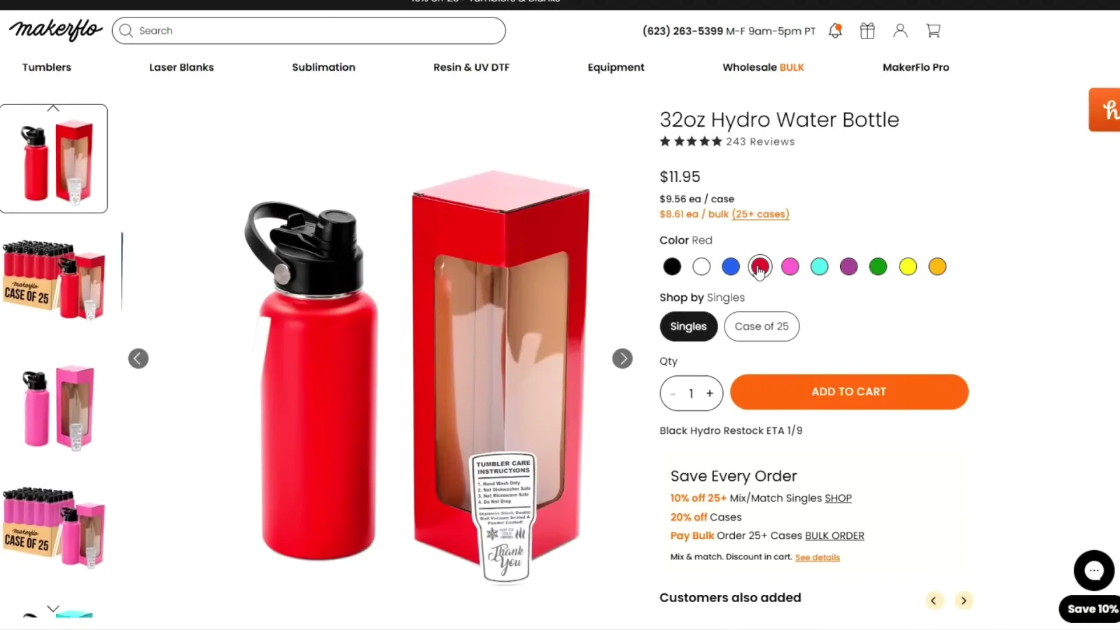 MakerFlo 32oz Hydro bottle in its color matched gift box with a clear display window