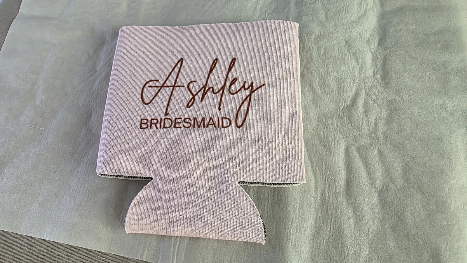 Wedding Sublimation Ideas: 3 Personalized Name Projects That Sell 11 Finished sublimated neoprene can cooler with a script Ashley Bridesmaid name design
