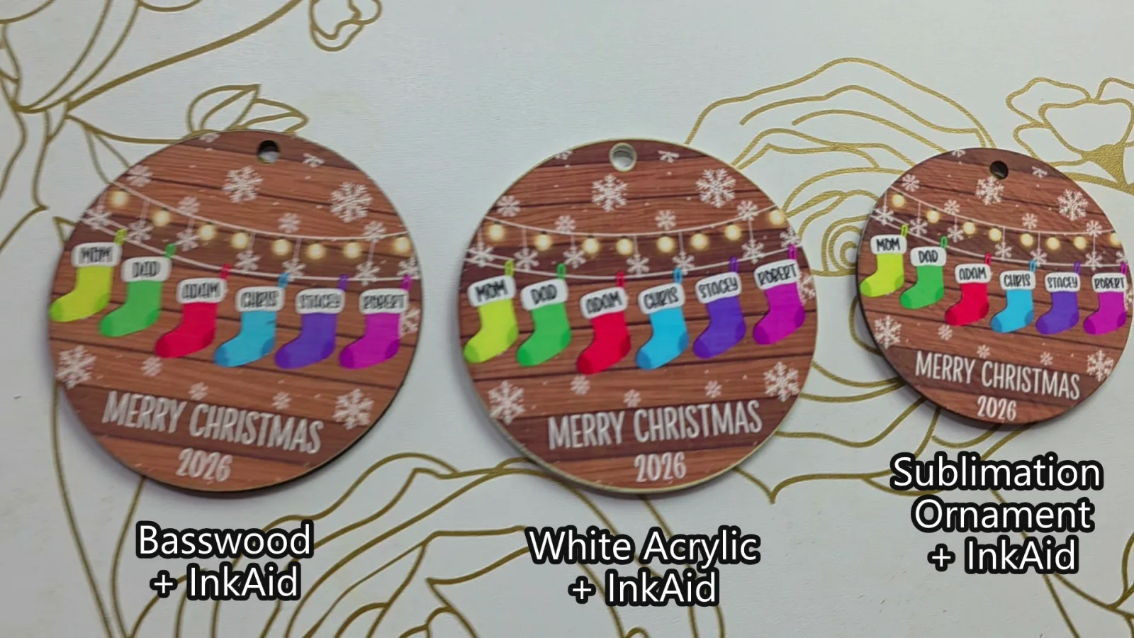Best xTool M2 print results compared: basswood with inkAID, white acrylic with inkAID and a sublimation ornament blank with inkAID